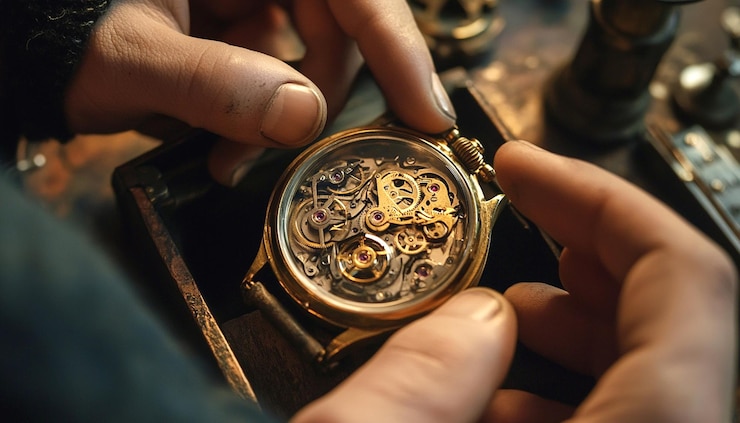 Zifferblatt und Zeiger einer mechanischen Uhr werden gereinigt